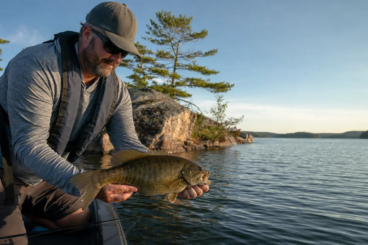 A smallmouth bass held low beside an Ontario fishing boat.