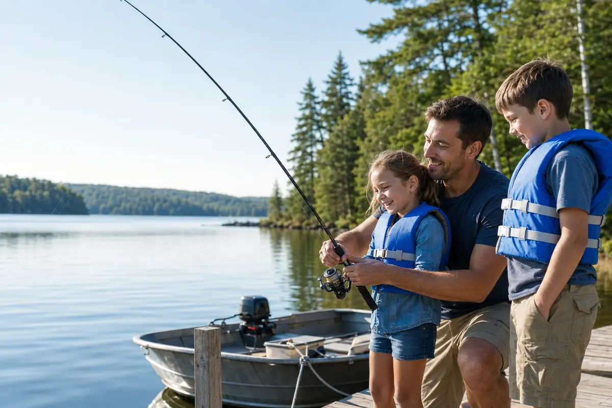 A parent helps two children in life jackets fish from a sunny lake dock.