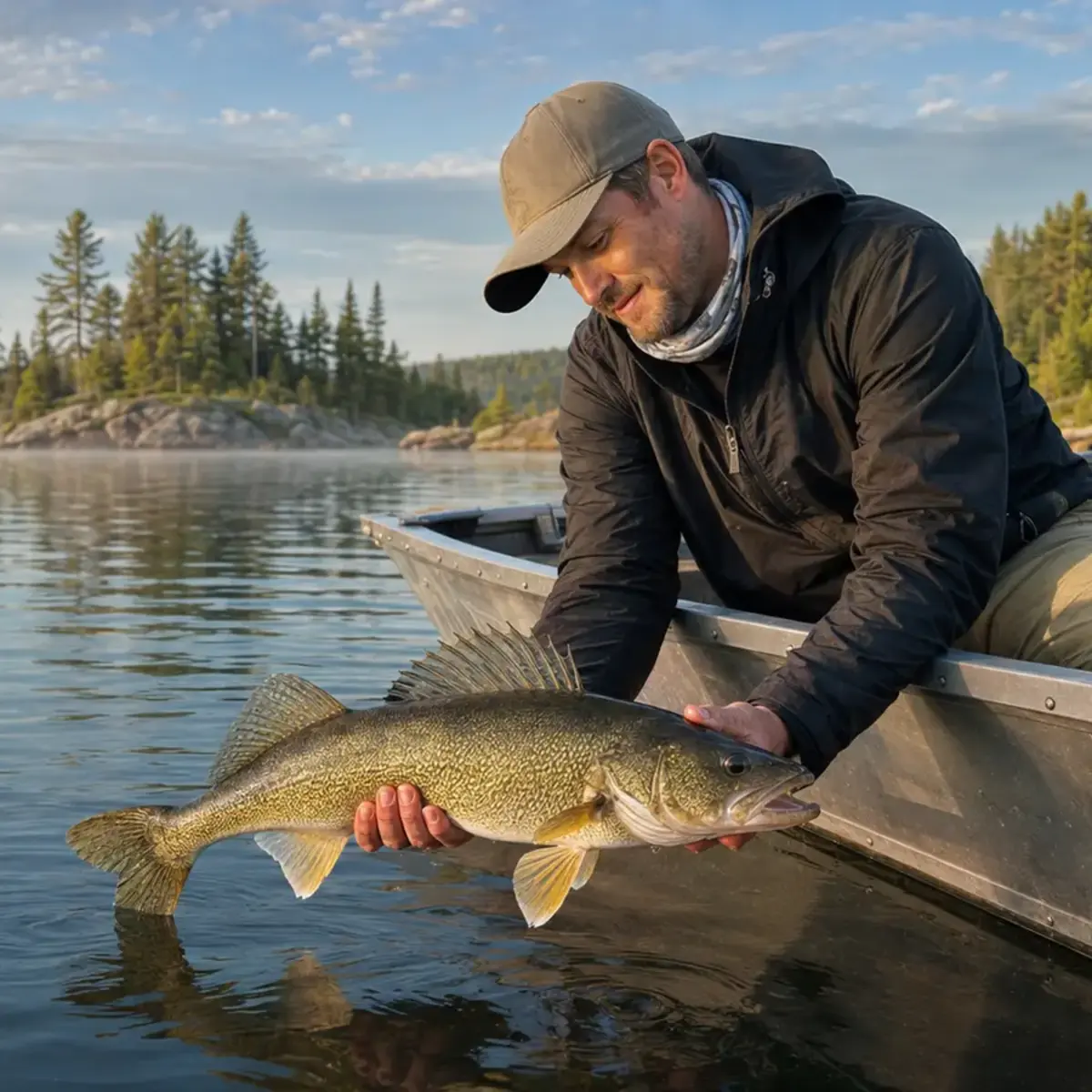 An angler holds a walleye beside an aluminum boat on Lac Seul.