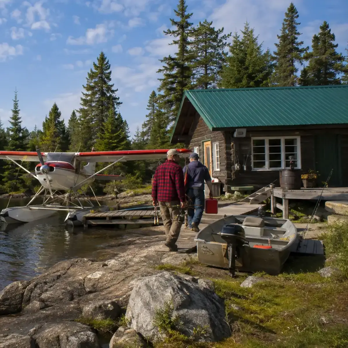 Two anglers walk past a floatplane at a Northwestern Ontario fishing lodge.