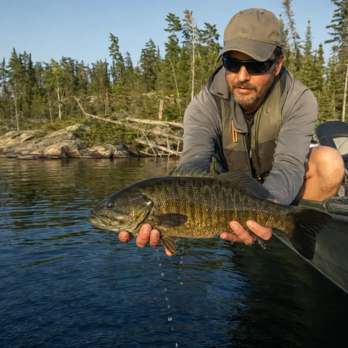 An angler holds a large smallmouth bass beside a boat on a remote Gowganda-area lake.