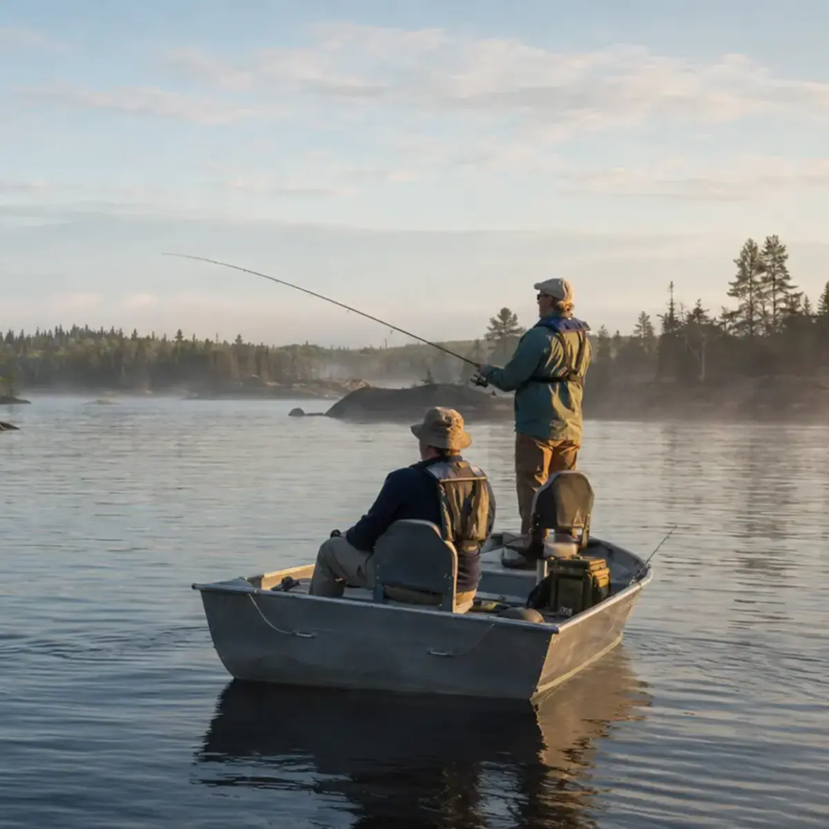Two anglers fish from an aluminum boat among rocky islands on the French River.