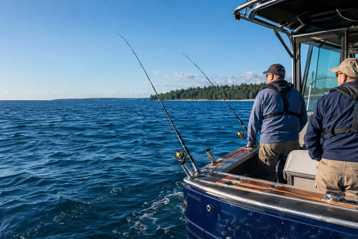 Anglers watch trolling rods from the stern of a Great Lakes charter boat.