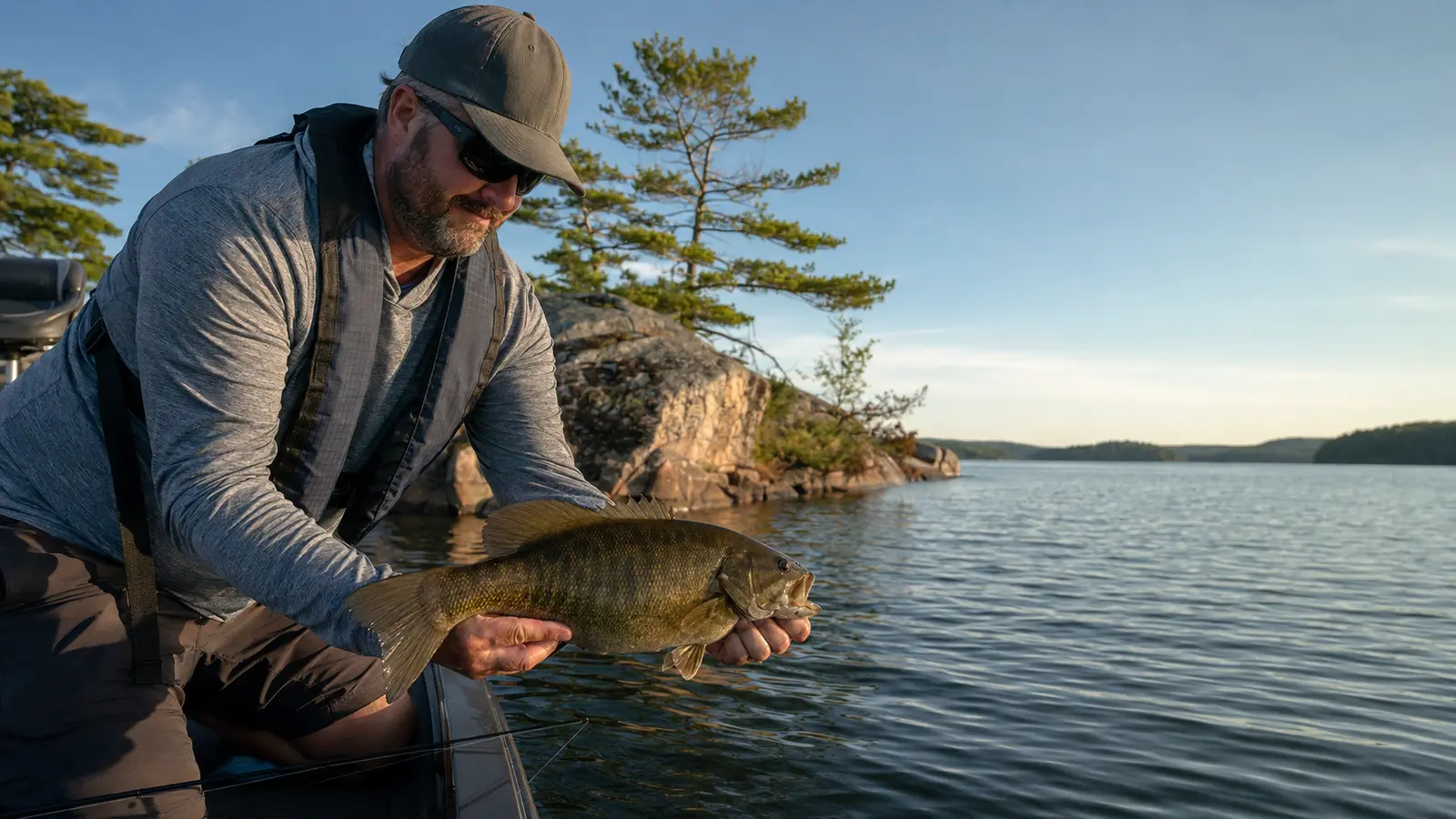 An angler holds a smallmouth bass beside a rocky Ontario lake.
