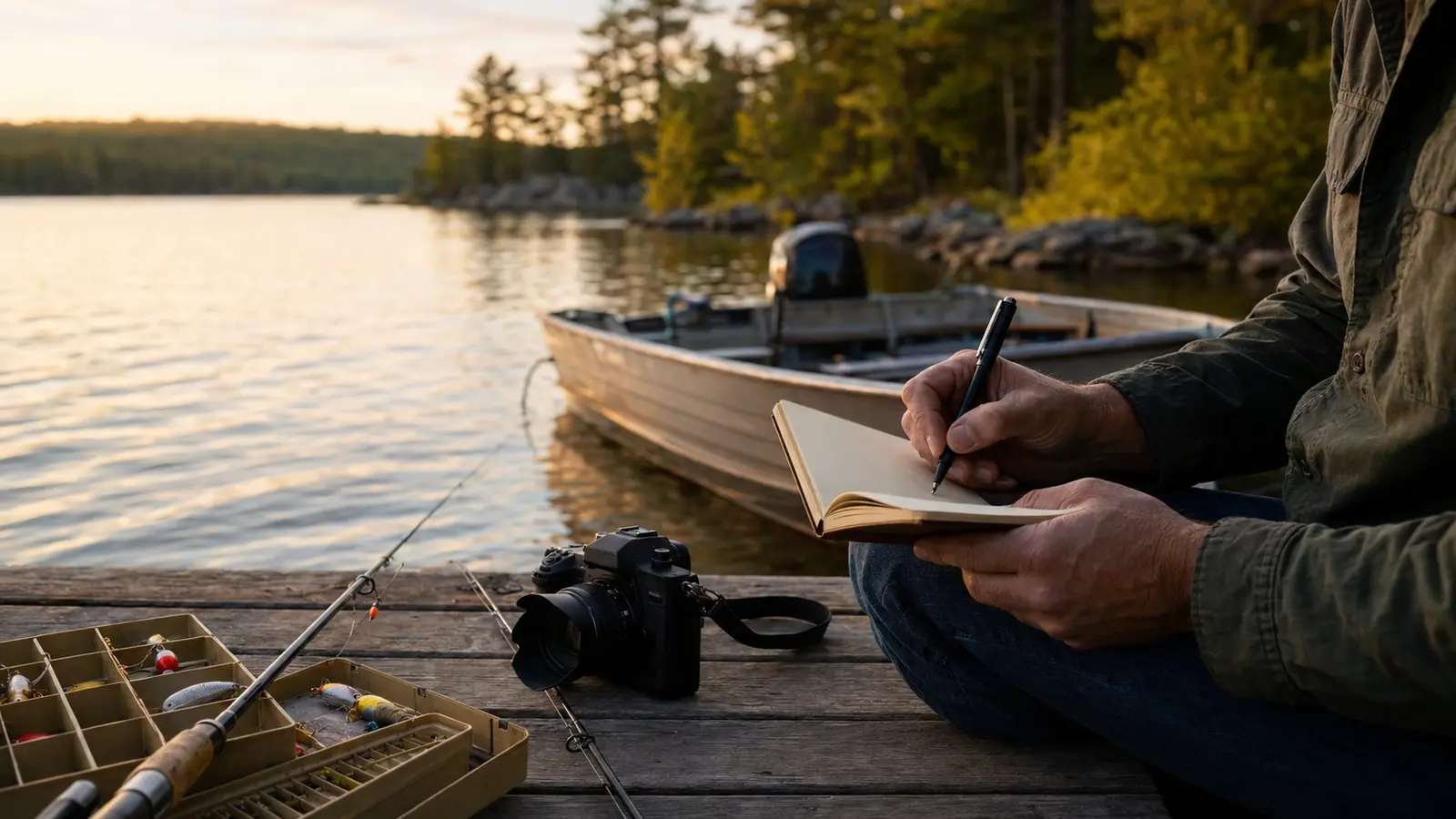 An angler writes trip notes beside tackle and a camera on an Ontario lake dock.