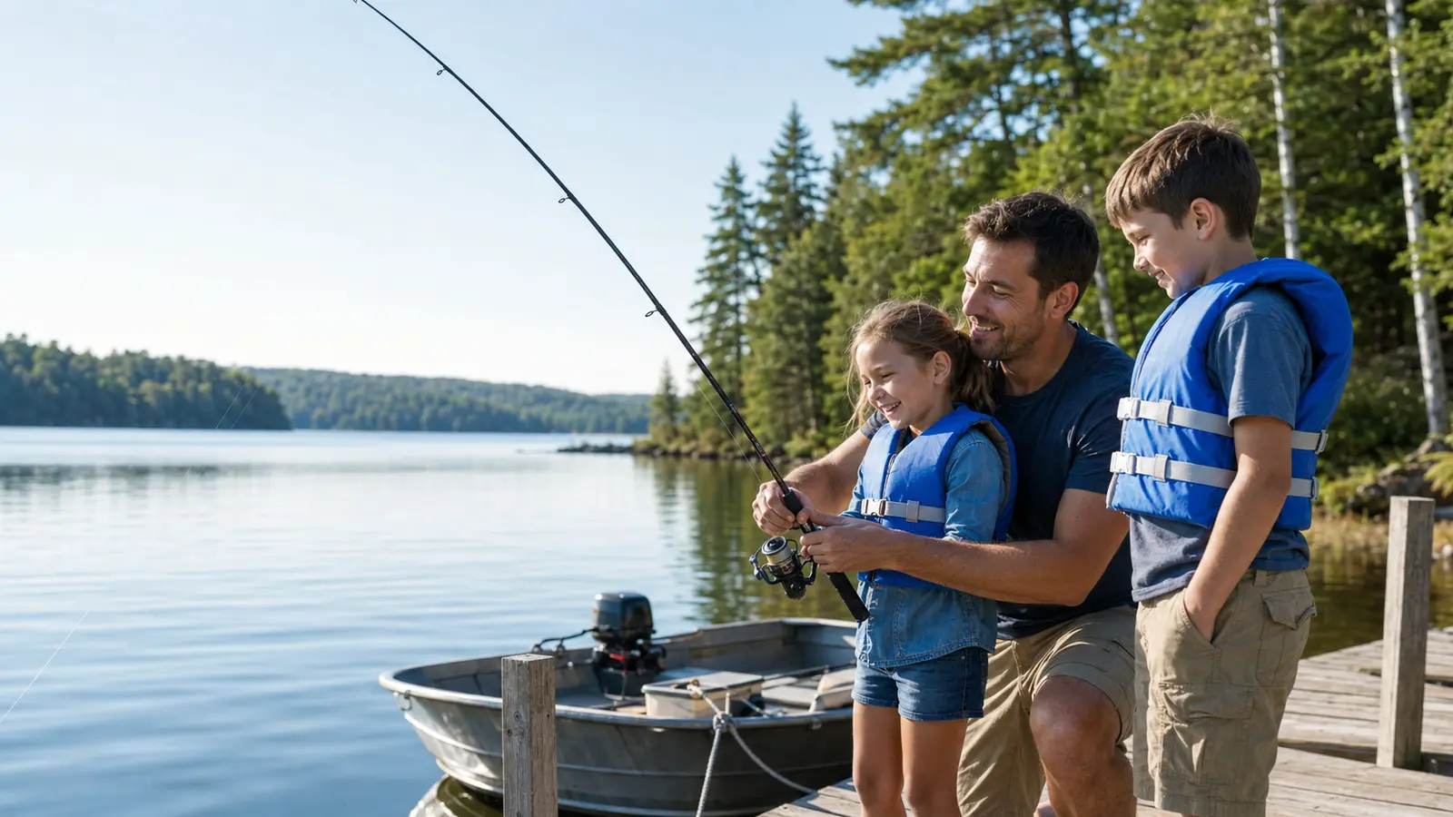 A parent helps two children fish safely from an Ontario cottage dock.