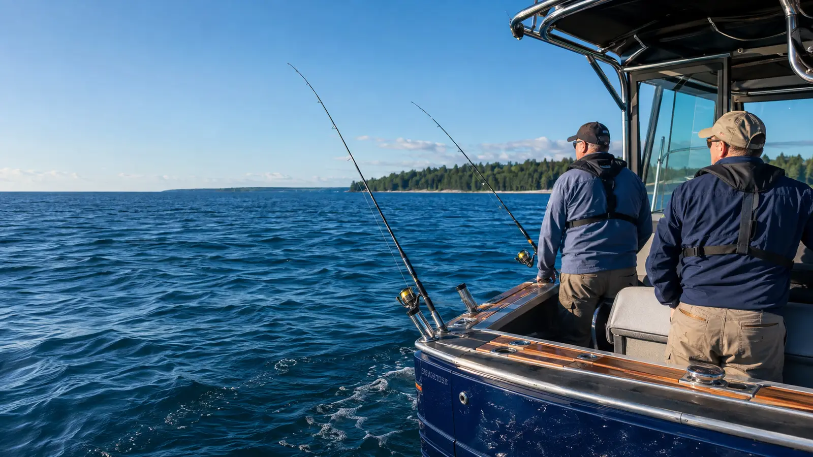 Two anglers troll from a charter boat on a blue Ontario Great Lake.