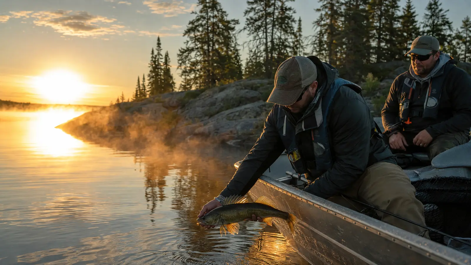 Two anglers release a walleye beside a boat on a Northern Ontario lake at sunrise.