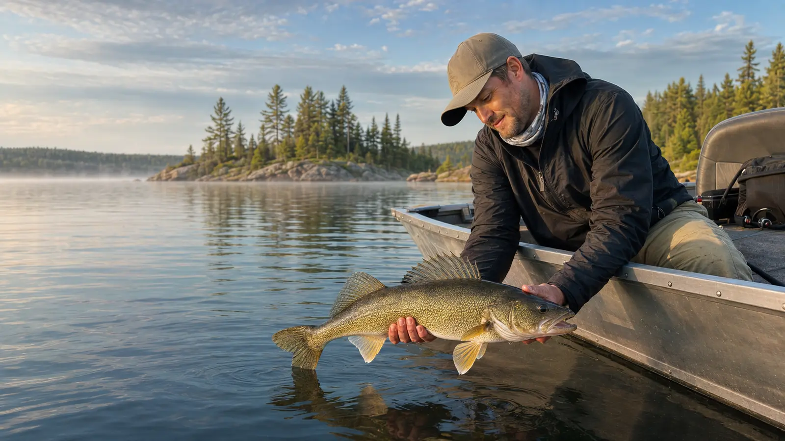 An angler holds a walleye beside an aluminum boat on Lac Seul.