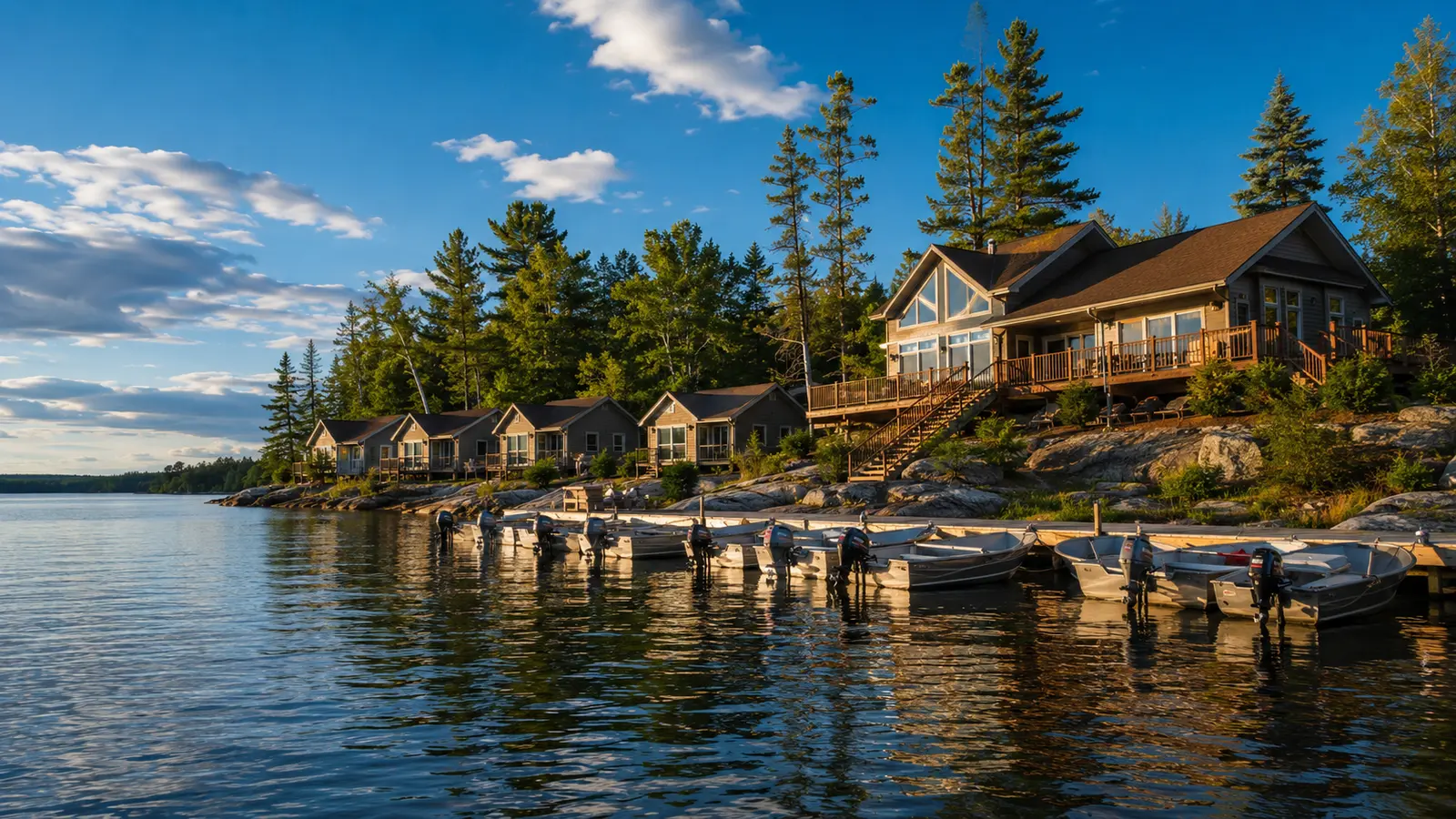 A Northern Ontario fishing lodge and waterfront cabins above a row of aluminum boats.