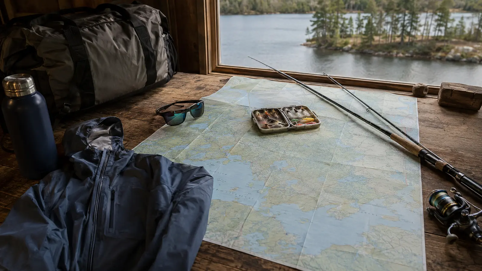 Fishing gear and a map on a cabin table.