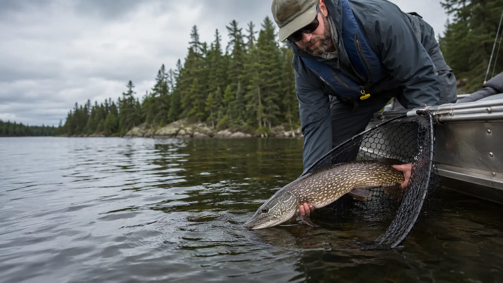 An angler supports a northern pike in a rubber landing net beside an Ontario fishing boat.
