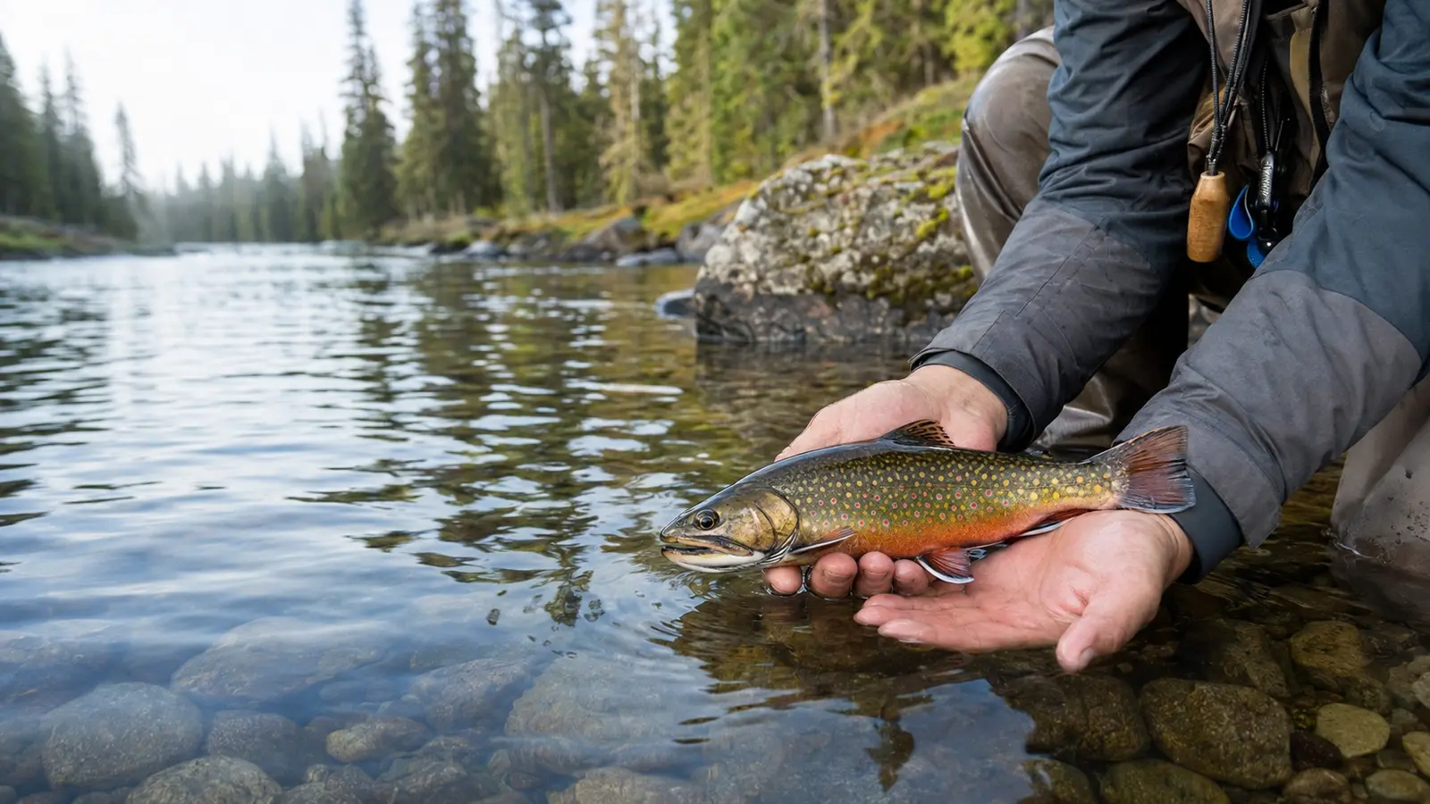A brook trout held low in a clear Northern Ontario river before release.