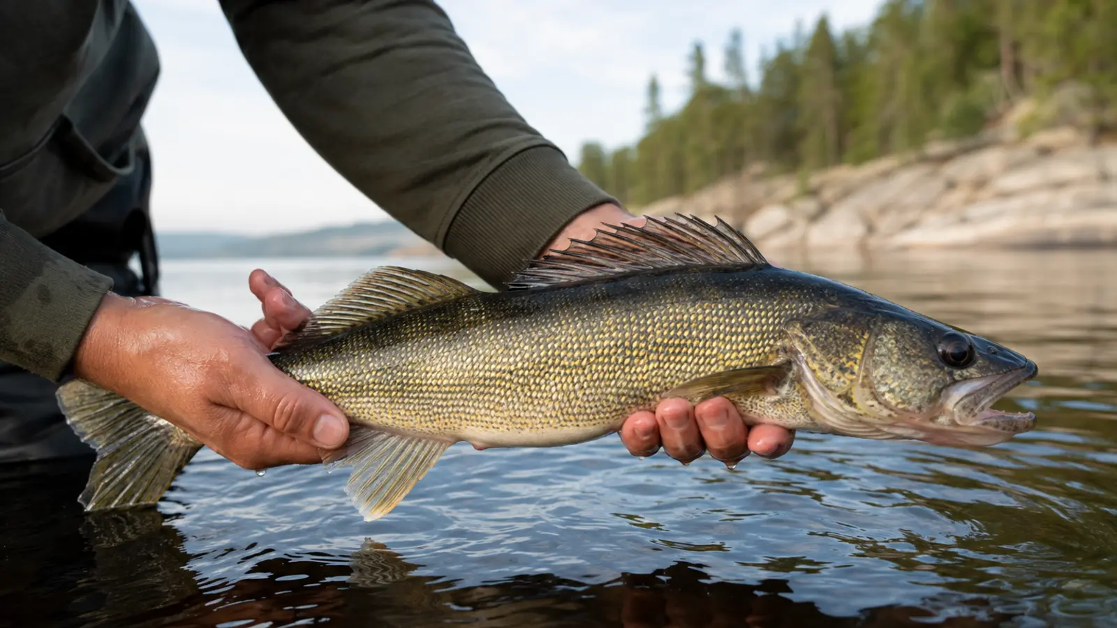 A healthy Ontario walleye held horizontally over the water with wet hands.