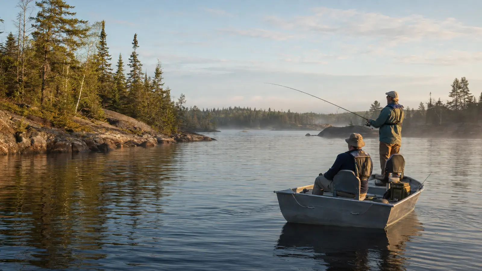 Two anglers fish from an aluminum boat among rocky islands on the French River.