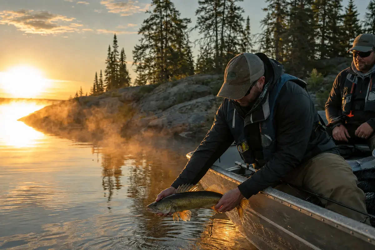 A walleye held carefully above the water before release.