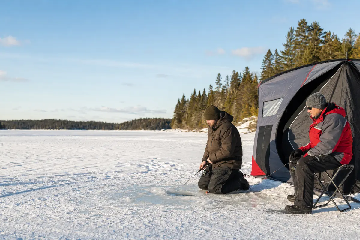Two warmly dressed anglers fish beside a portable shelter on a snowy lake.