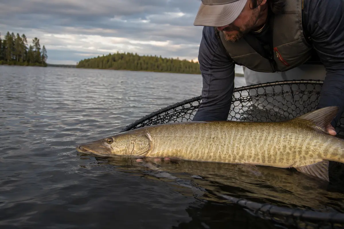 A large muskie supported in the lake during a careful release.
