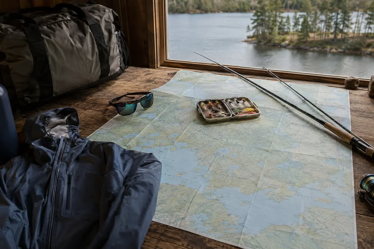 Fishing gear and a lake map arranged on a cabin table before a trip.