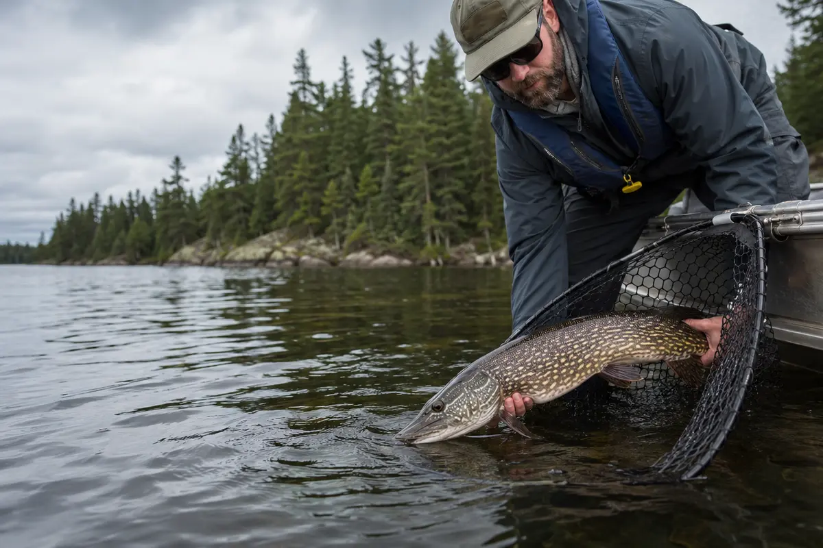 A northern pike being released from a wide rubber fishing net.