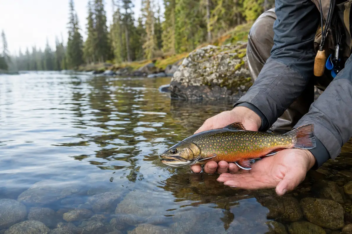 A colourful brook trout supported with wet hands in a clear river.