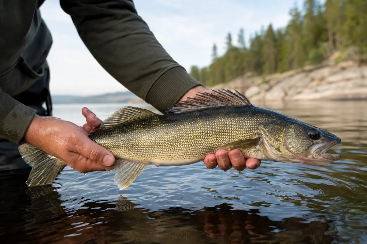 A close view of a walleye held carefully at water level.